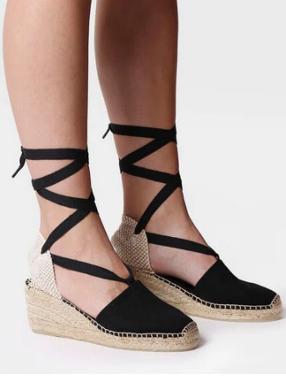 Toni Ponz Black Lace-Up Espadrille Wedge Shoes Size 37 6.5